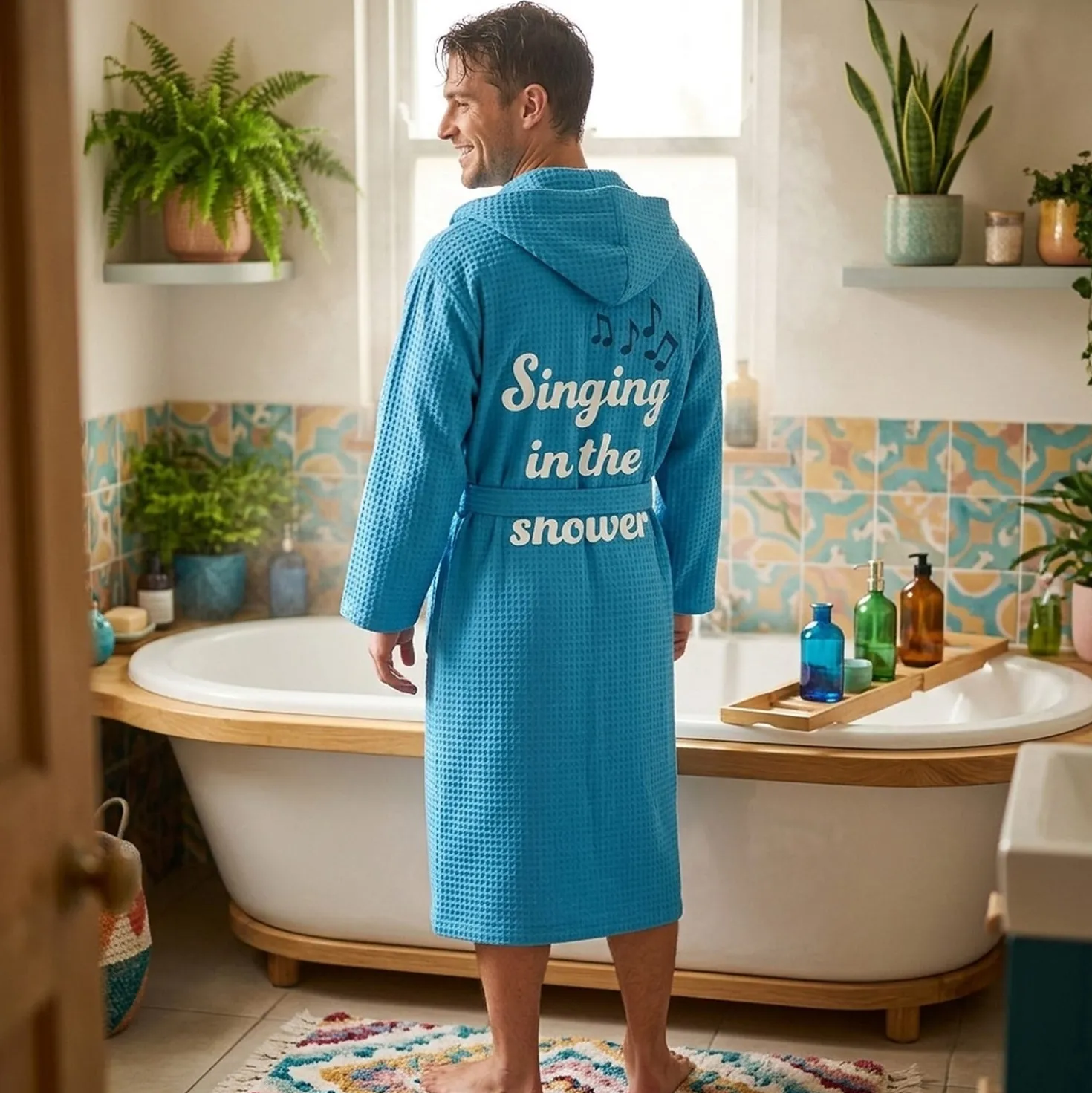 Accappatoio nido d'ape L/XL azzurro Singing in the shower