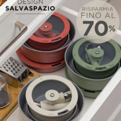 Batteria pentola 9 pezzi crema Eaziclip con manici staccabili