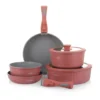 Batteria pentola 9 pezzi rosa Eaziclip con manici staccabili