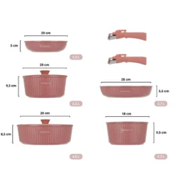 Batteria pentola 9 pezzi rosa Eaziclip con manici staccabili