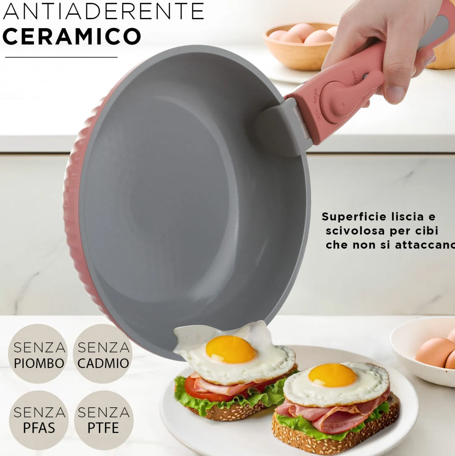 Batteria pentola 9 pezzi rosa Eaziclip con manici staccabili