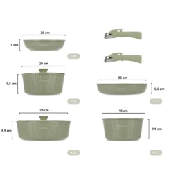 Batteria pentola 9 pezzi verde Eaziclip con manici staccabili