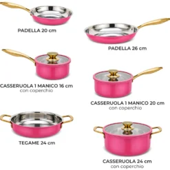 Batteria pentole acciaio 9 pezzi La Vie en Rose fucsia