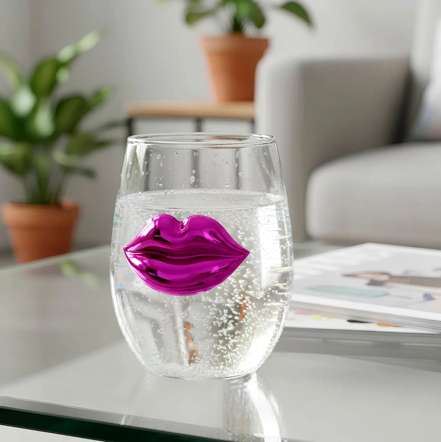 Bicchiera vetro labbra rosa 400 ml