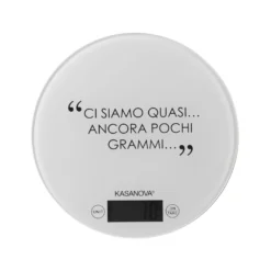 Bilancia da cucina digitale bianca tonda con scritta