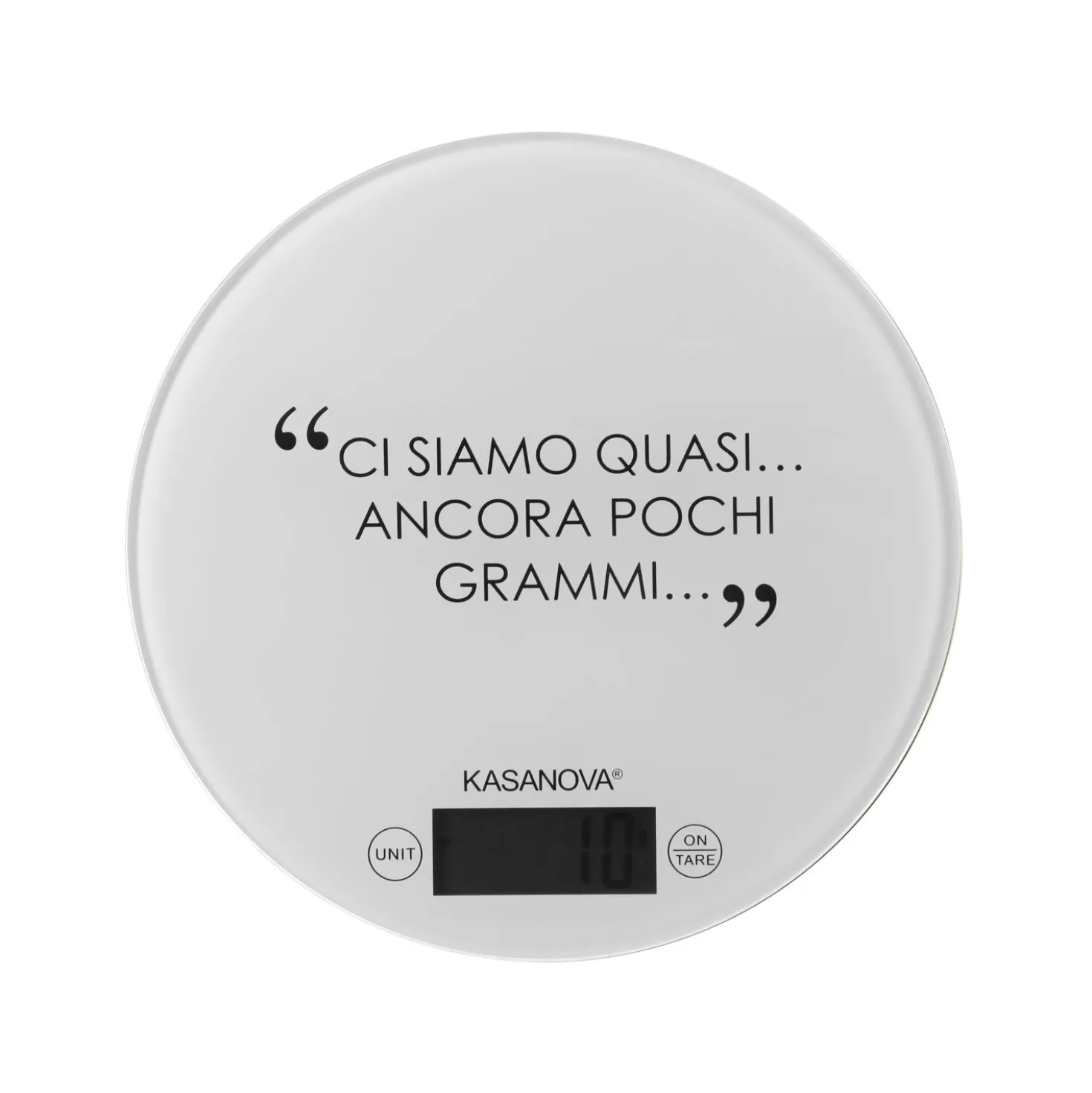 Bilancia da cucina digitale bianca tonda con scritta