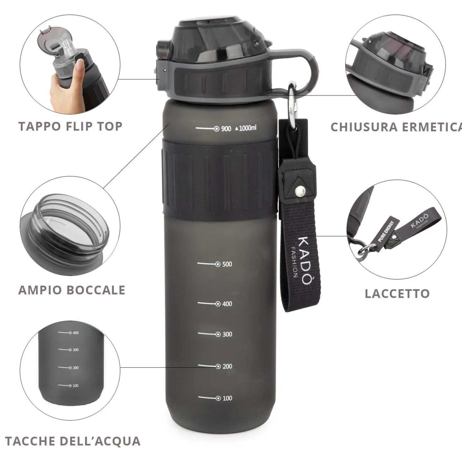 Borraccia scritta motivazionale 1 L nero Hydrea