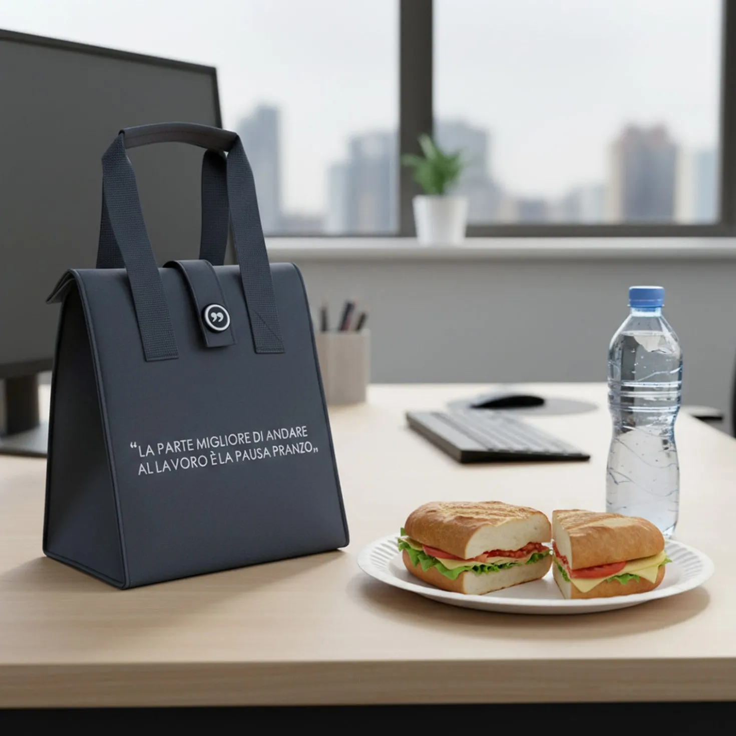 Borsa porta pranzo termica 12 L grigio con scritta