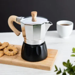 Caffettiera 3 tazze argento e nera in lega di alluminio