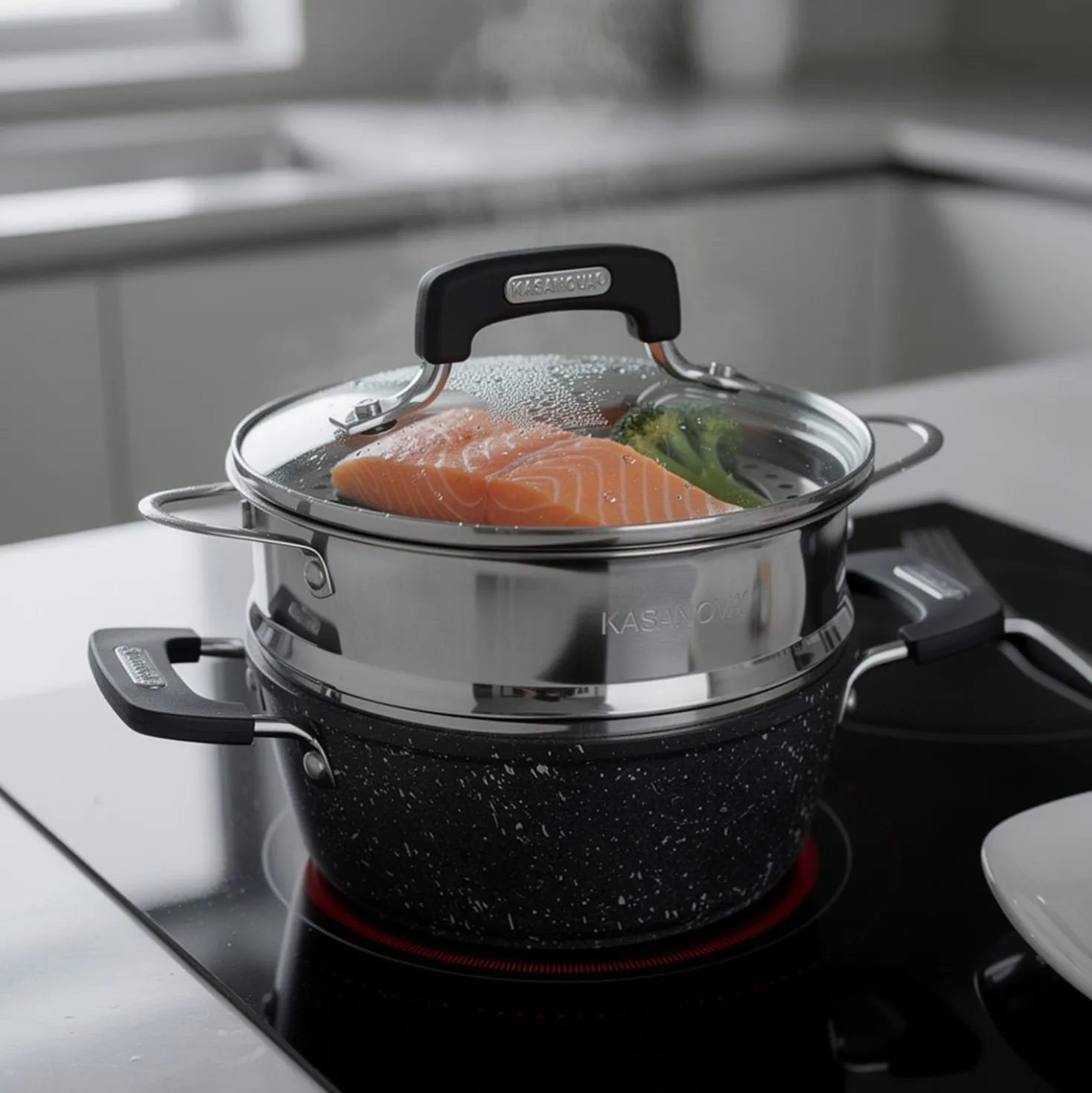 Casseruola 16 cm con vaporiera e coperchio New Petra Dark