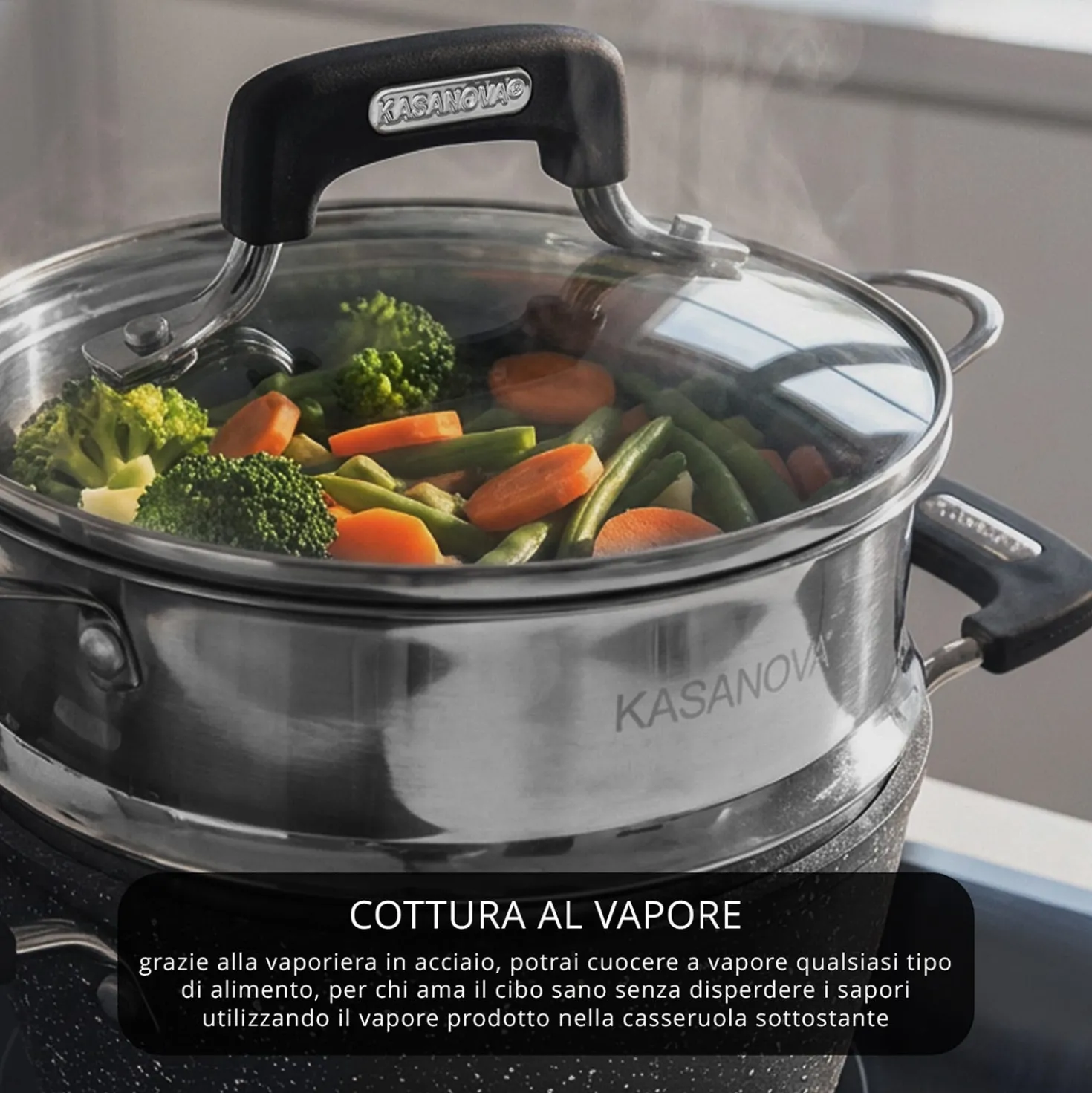 Casseruola 16 cm con vaporiera e coperchio New Petra Dark