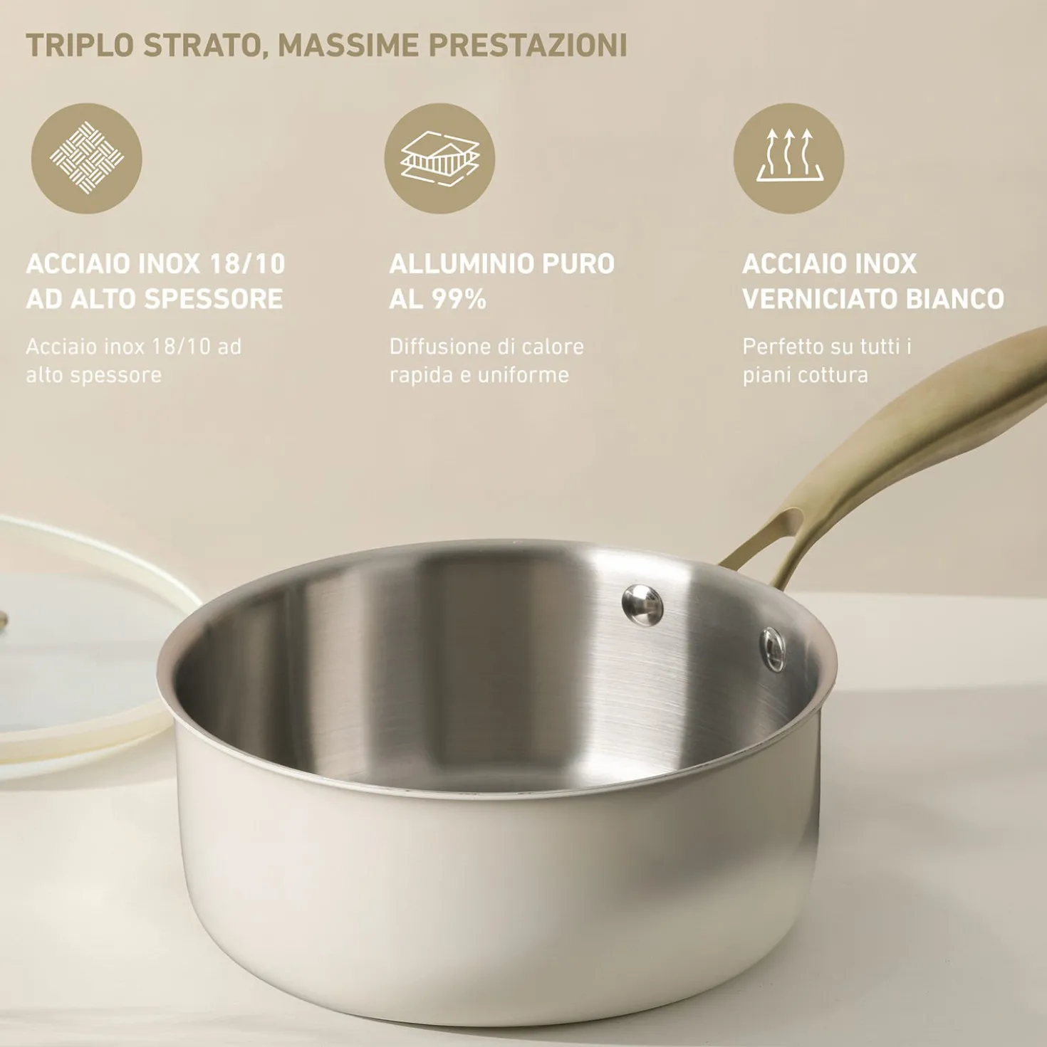 Casseruola 18 cm in acciaio bianco oro California con coperchio