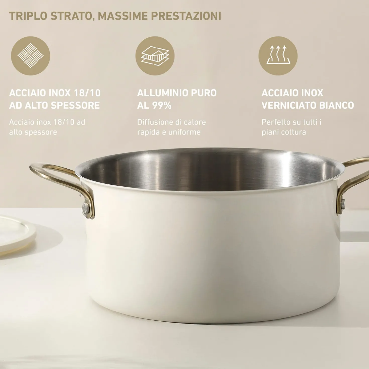 Casseruola 24 cm in acciaio bianco oro California con coperchio