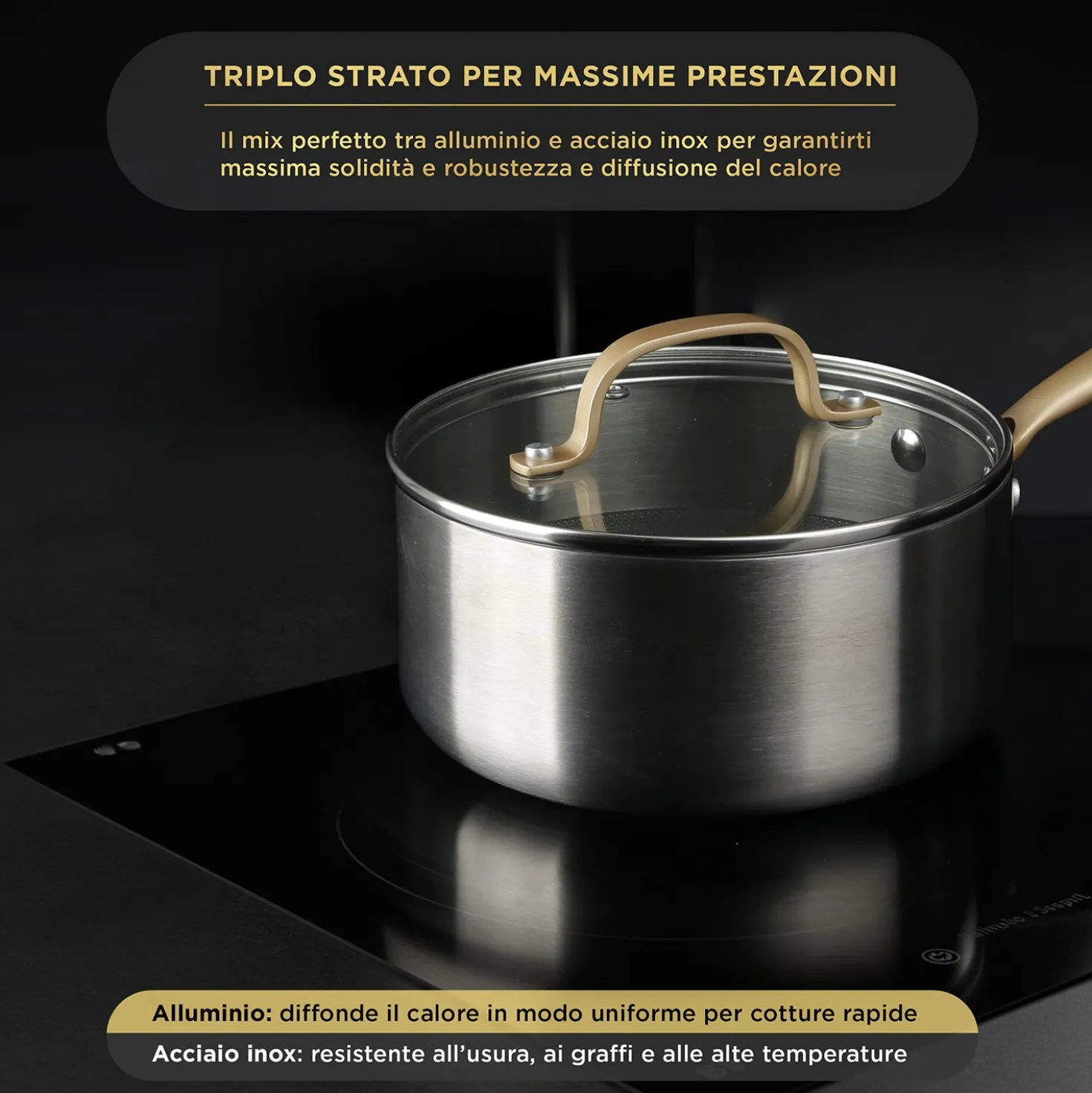 Casseruola 16 cm triplo strato Tri Ply - Gold con coperchio
