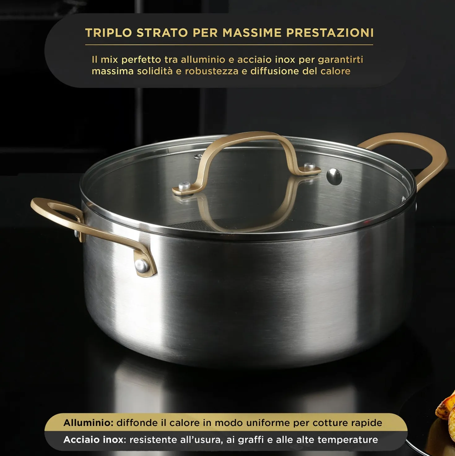 Casseruola 26 cm triplo strato Tri Ply - Gold con coperchio