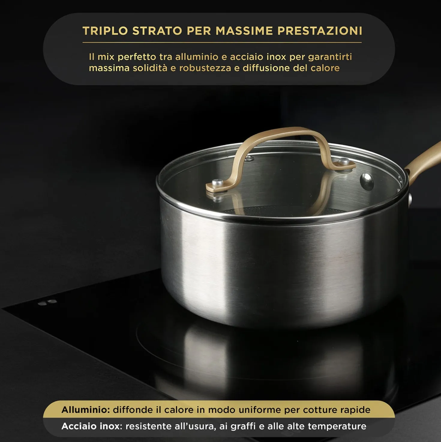 Casseruola 18 cm triplo strato Tri Ply - Gold con coperchio