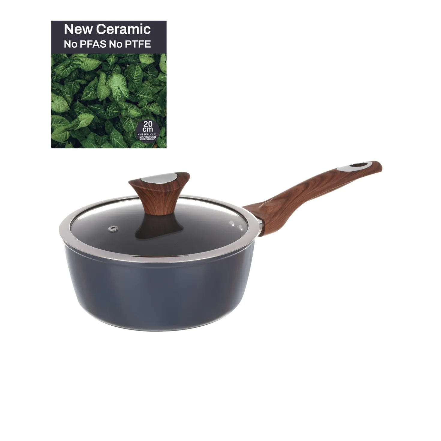 Casseruola un manico 20 cm con coperchio ottanio New Ceramic