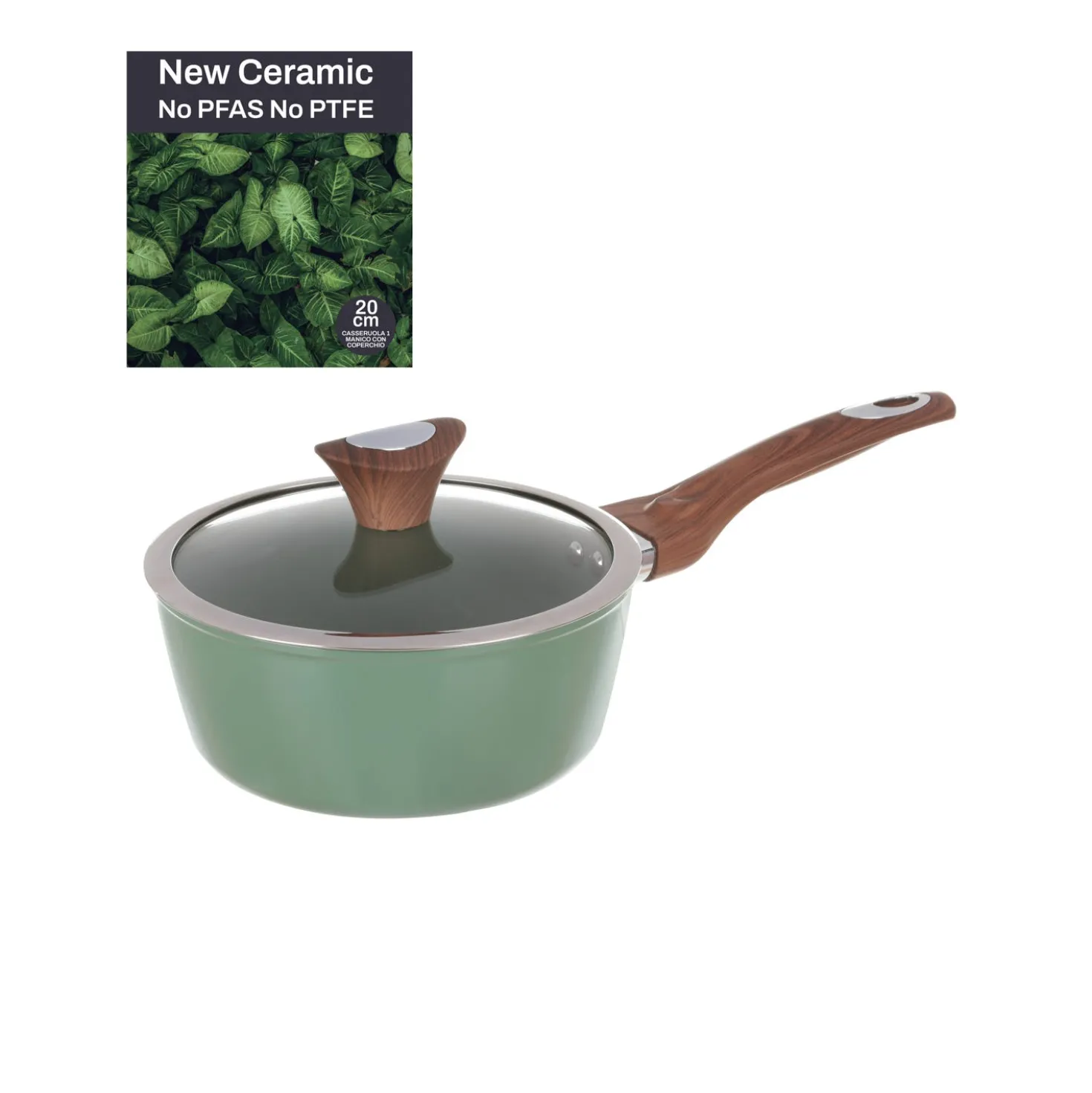 Casseruola un manico 20 cm con coperchio verde New Ceramic