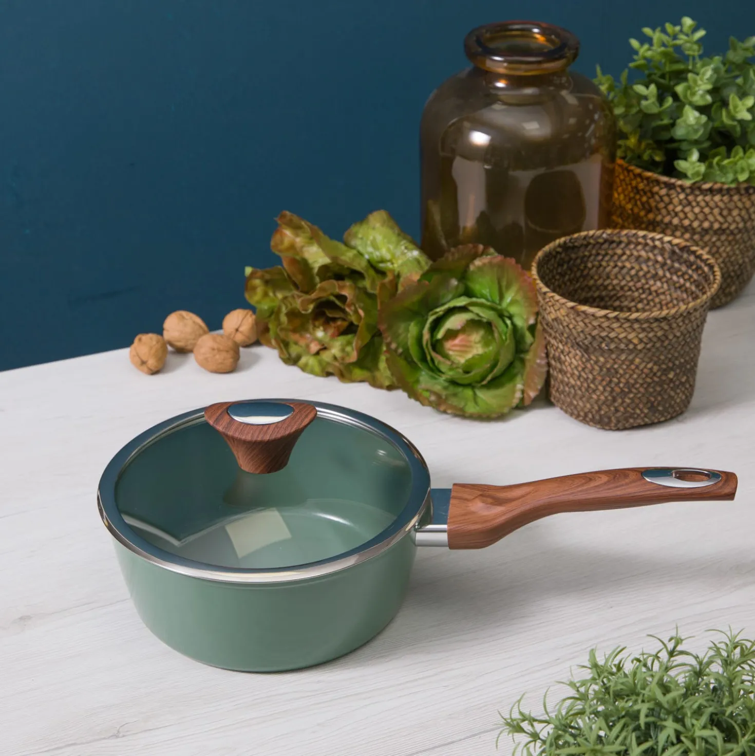Casseruola un manico 20 cm con coperchio verde New Ceramic