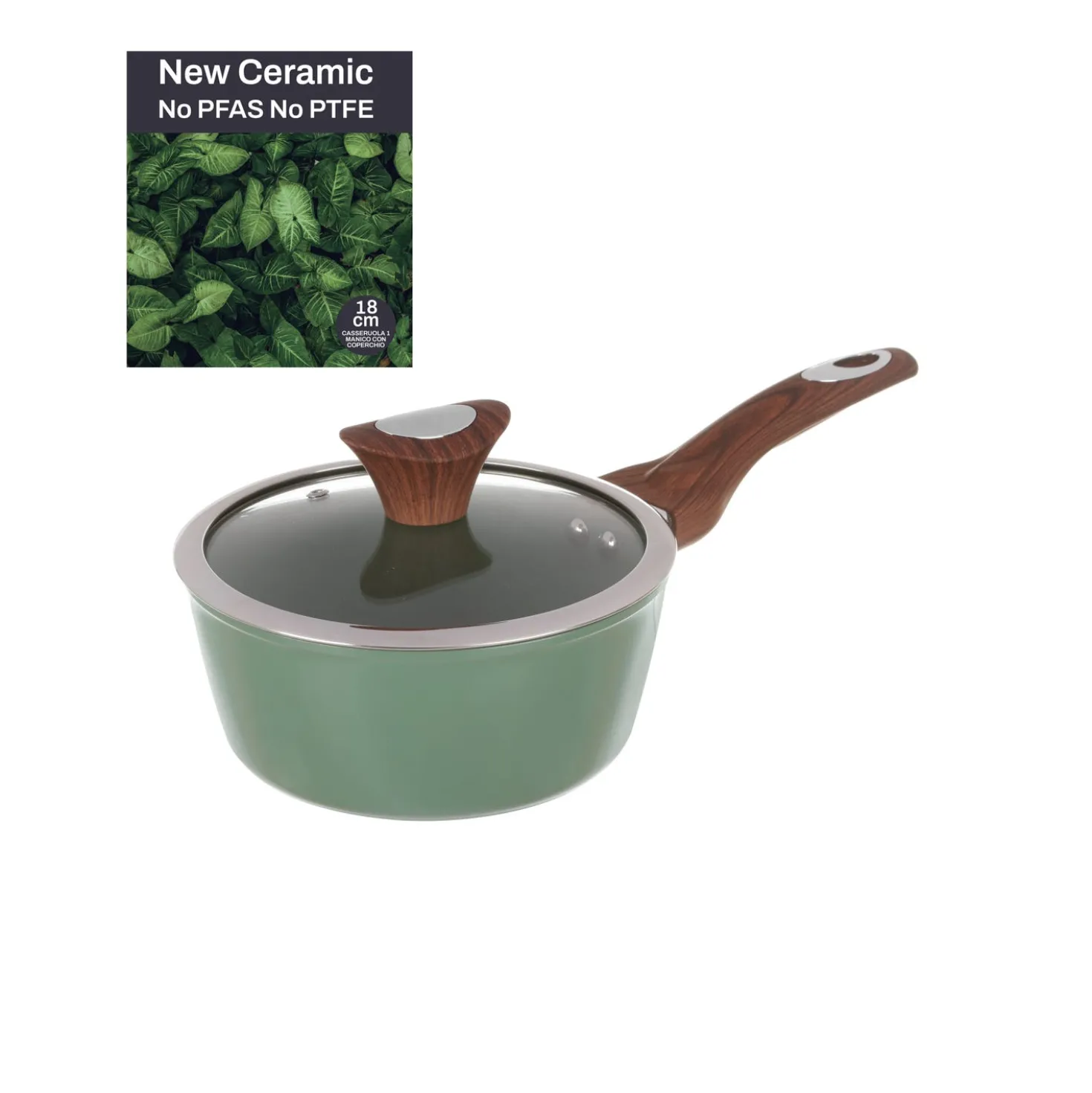 Casseruola un manico 18 cm con coperchio verde New Ceramic