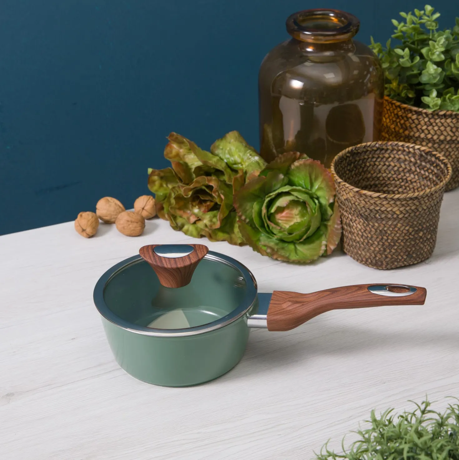 Casseruola un manico 16 cm con coperchio verde New Ceramic