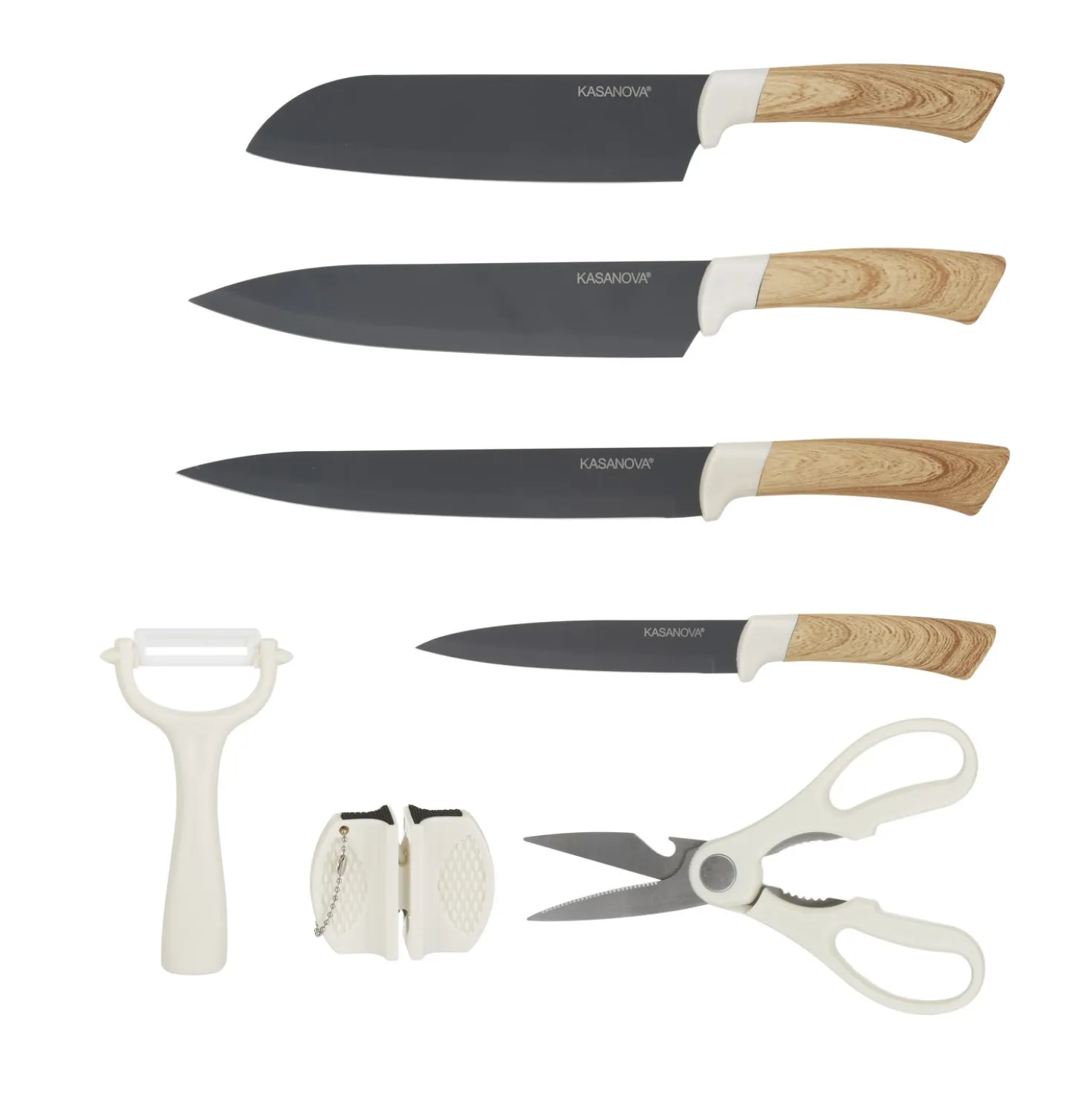Ceppo con 4 coltelli, pelaverdure, forbici e affilacoltelli effetto legno