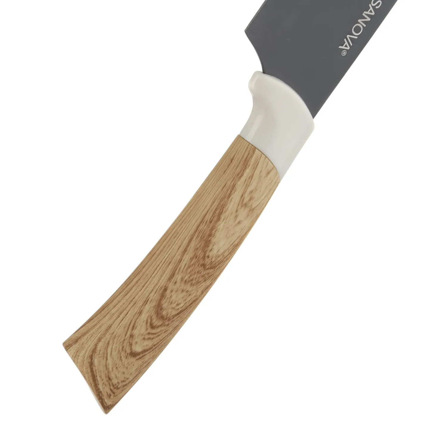Ceppo con 4 coltelli, pelaverdure, forbici e affilacoltelli effetto legno