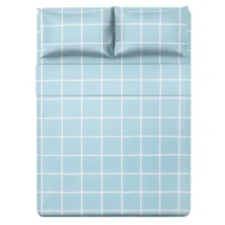 Completo letto matrimoniale policotone quadrotti azzurro