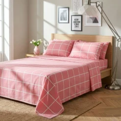 Completo letto matrimoniale policotone quadrotti rosa