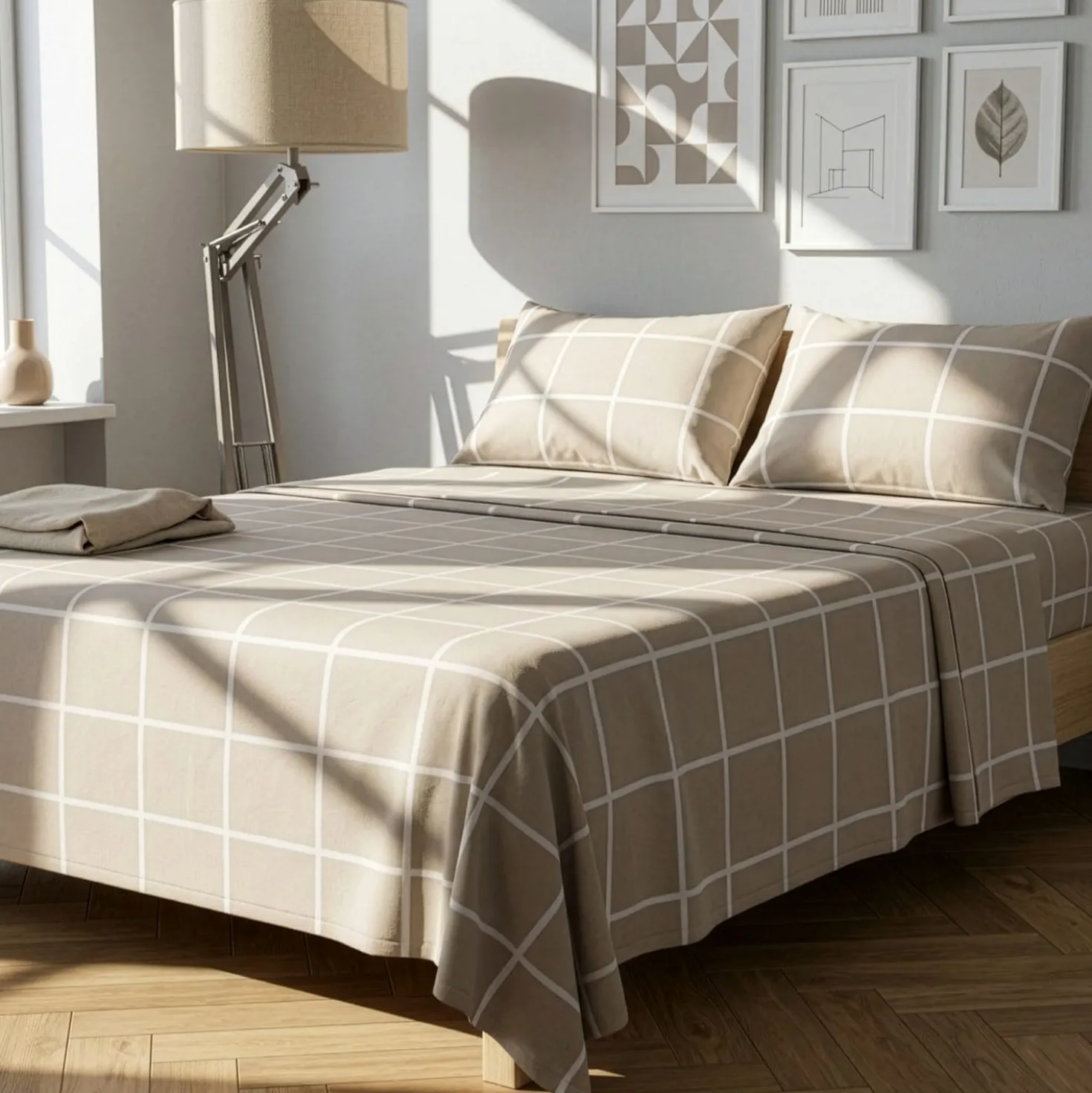 Completo letto matrimoniale policotone quadrotti sabbia