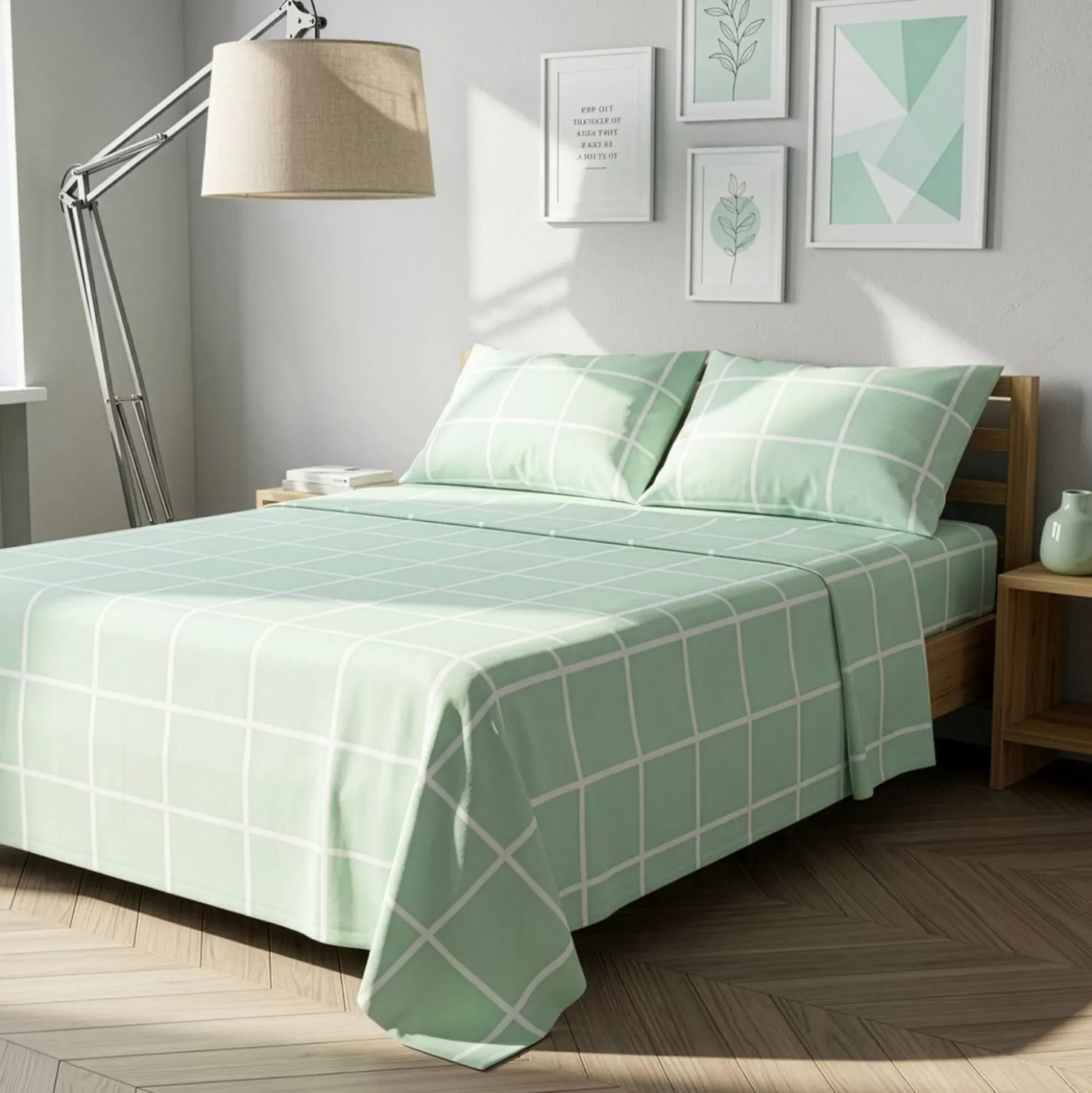 Completo letto matrimoniale policotone quadrotti verde