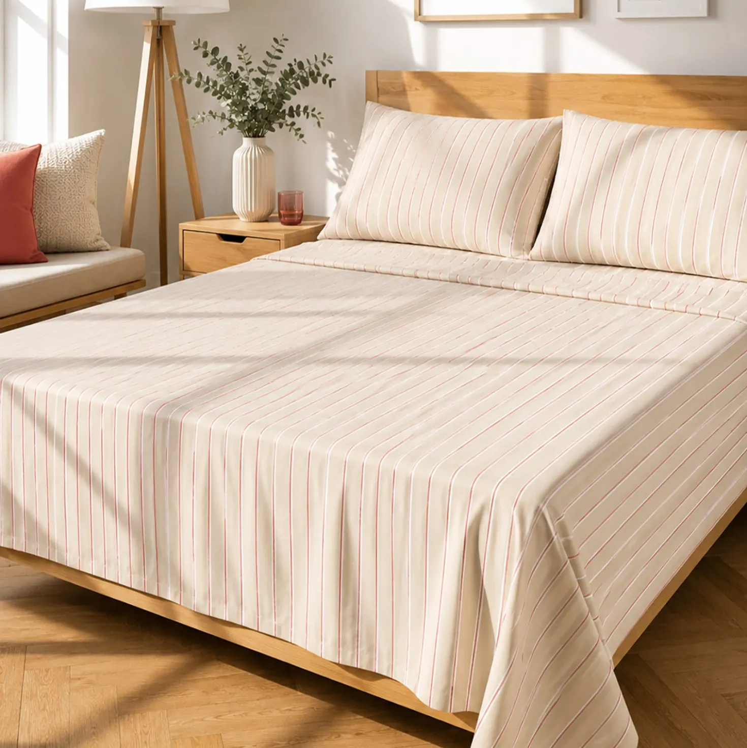 Completo letto matrimoniale righe beige