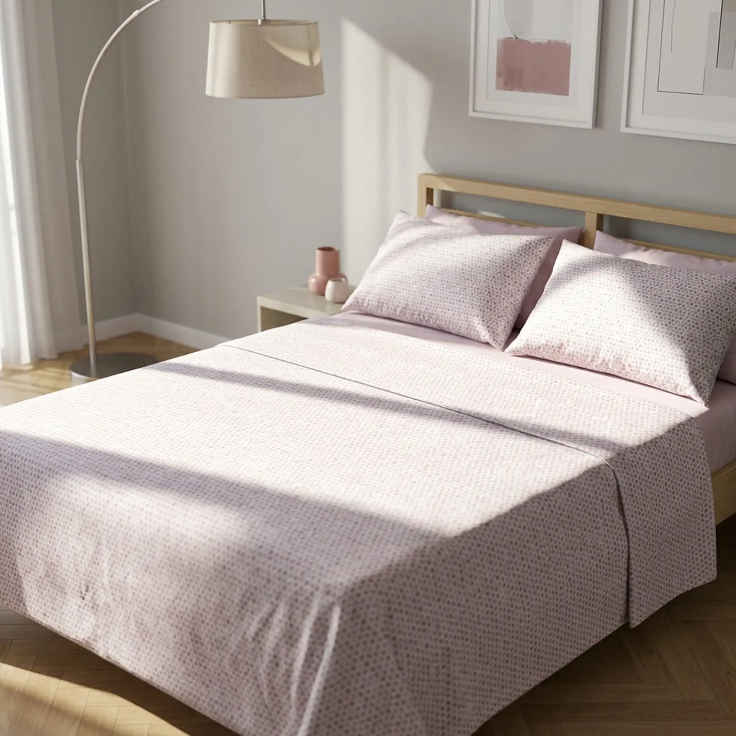 Completo letto matrimoniale stampa pois rosa