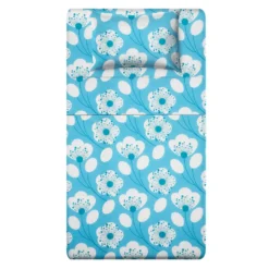 Completo letto 1 piazza e mezza azzurro fiori bianchi