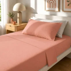 Completo letto 1 piazza e mezza cotone tinta unita corallo