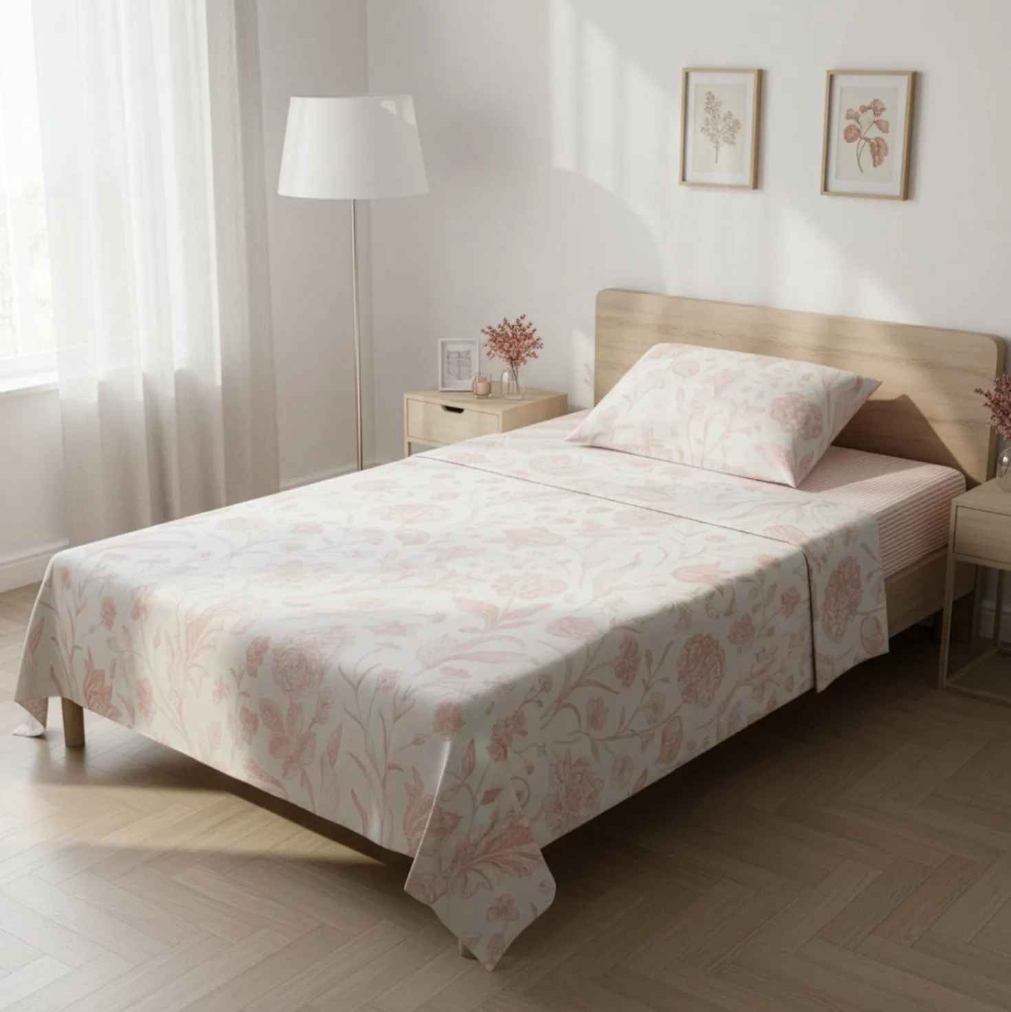 Completo letto 1 piazza e mezza in cotone rosa Botanic