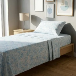 Completo letto 1 piazza e mezza policotone foglie azzurro
