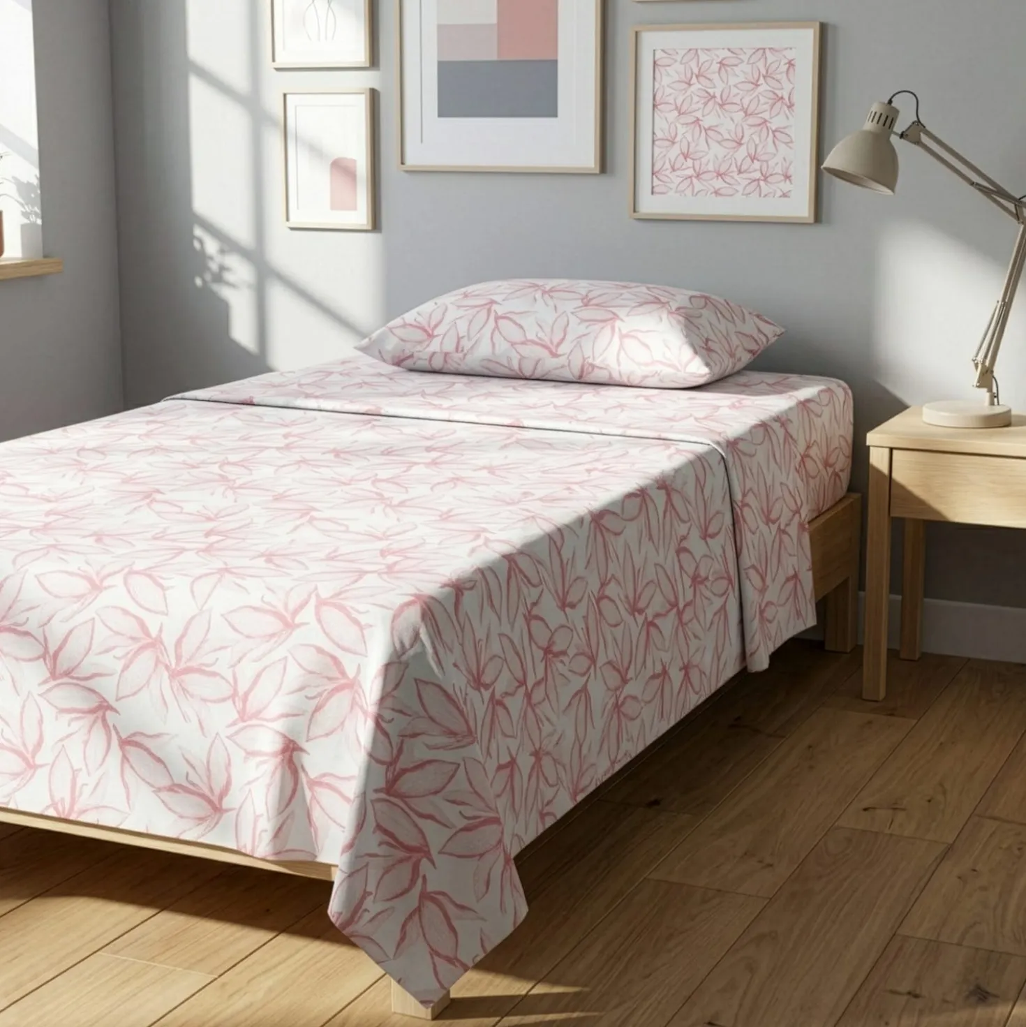 Completo letto 1 piazza e mezza policotone foglie rosa