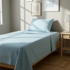 Completo letto 1 piazza e mezza policotone righe azzurro