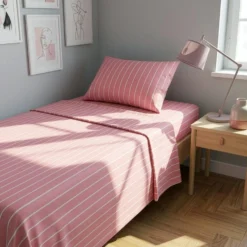 Completo letto 1 piazza e mezza policotone righe rosa