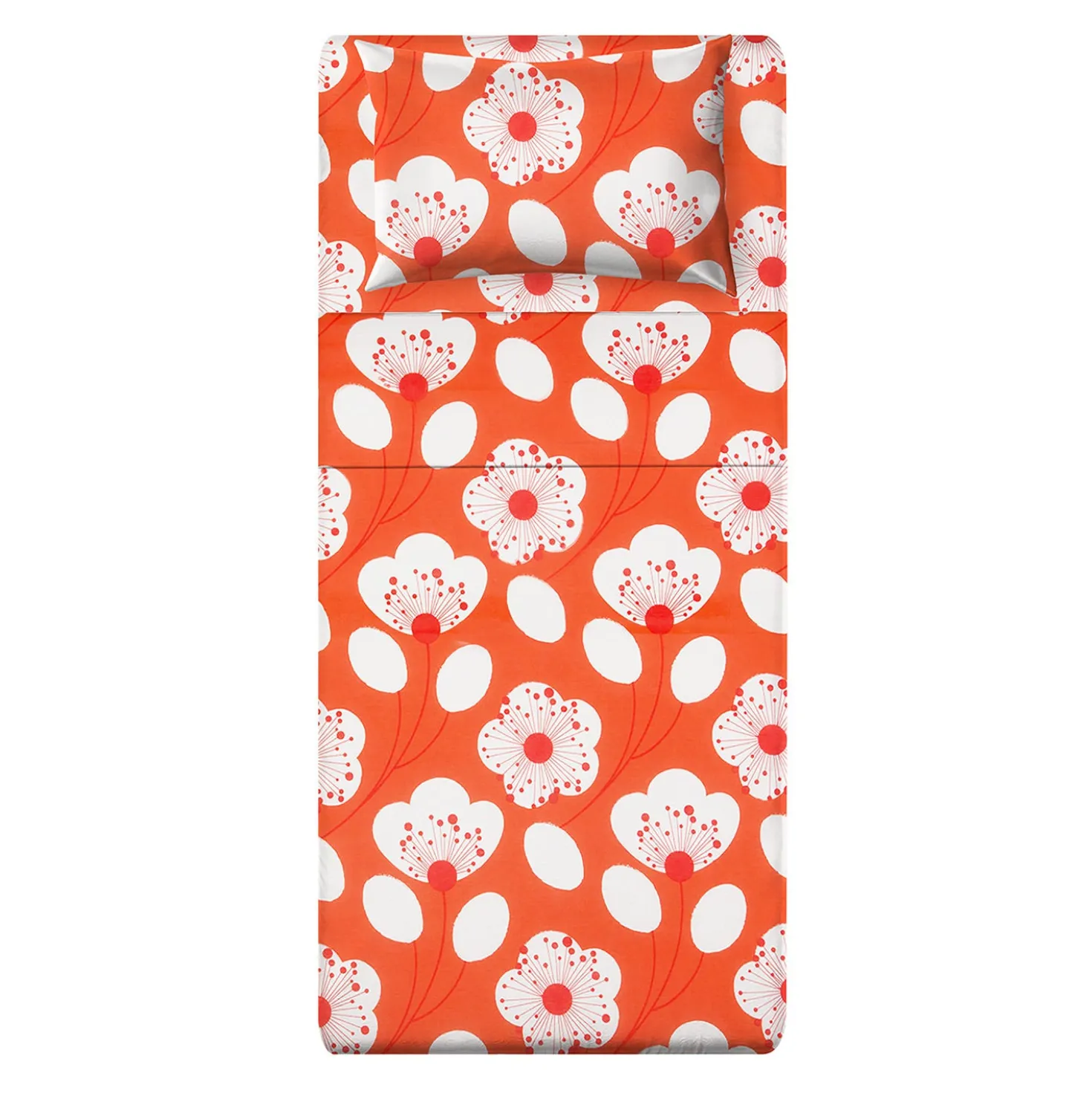Completo letto singolo corallo fiori bianchi