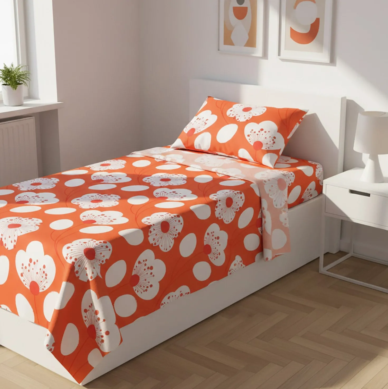 Completo letto singolo corallo fiori bianchi