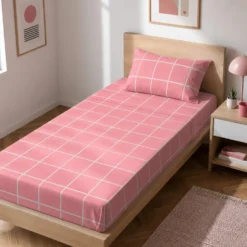 Completo letto singolo policotone quadrotti rosa