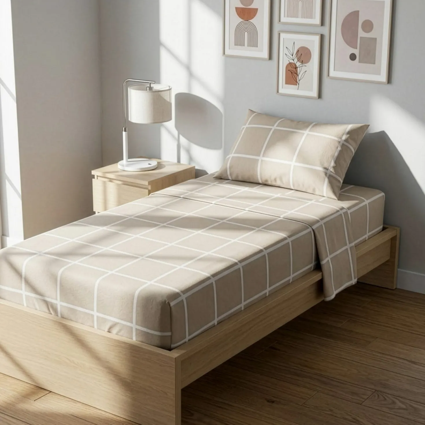 Completo letto singolo policotone quadrotti sabbia