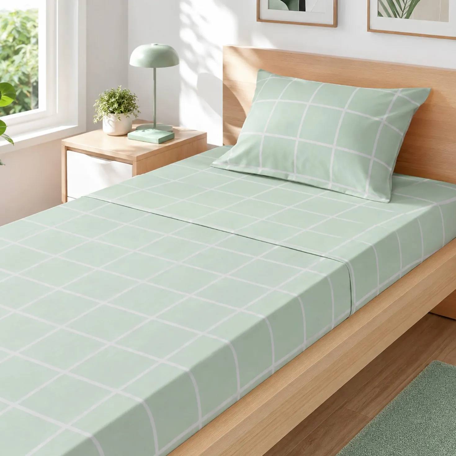Completo letto singolo policotone quadrotti verde