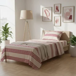 Completo letto singolo righe bordeaux cotone