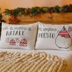 Coppia federe natalizie con scritta in cotone, da 80x50 cm