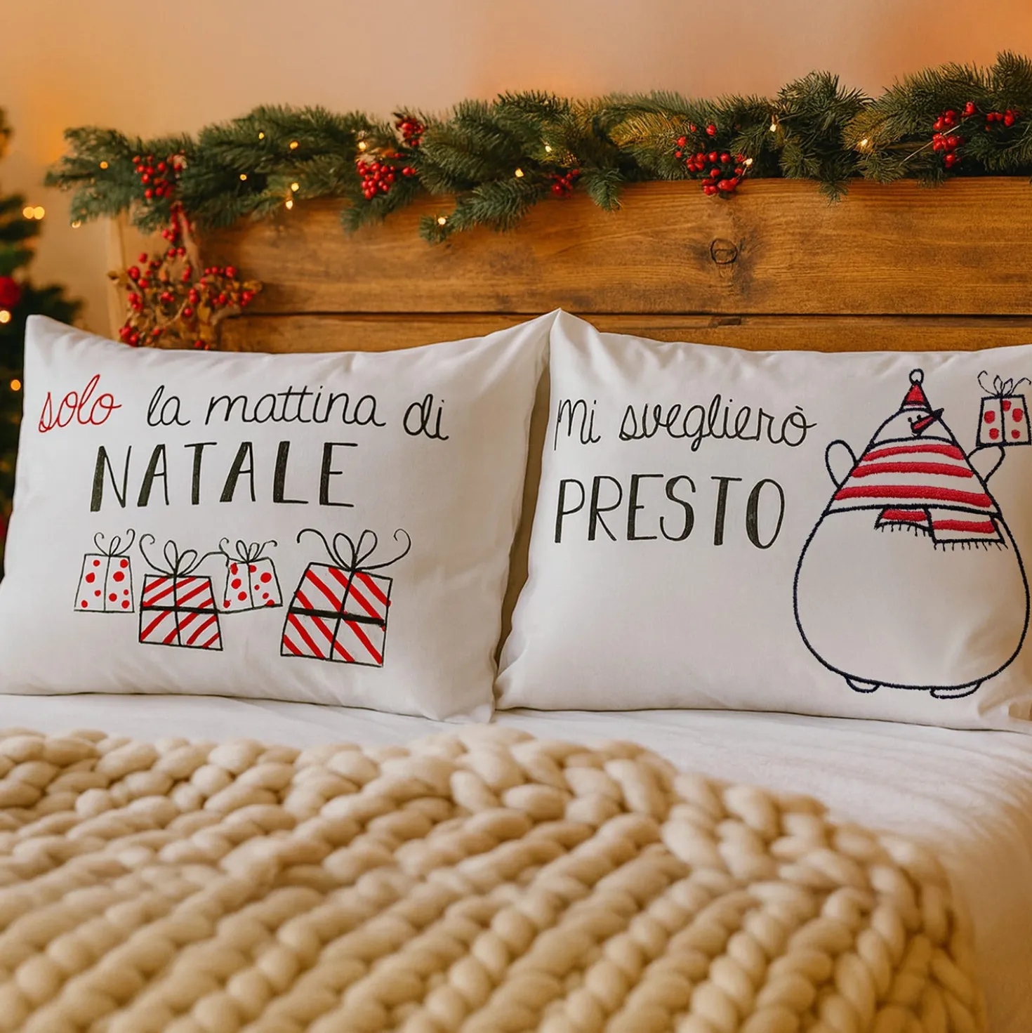 Coppia federe natalizie con scritta in cotone, da 80x50 cm