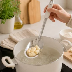 Cucchiaione forato acciaio inox bianco con bordo silicone