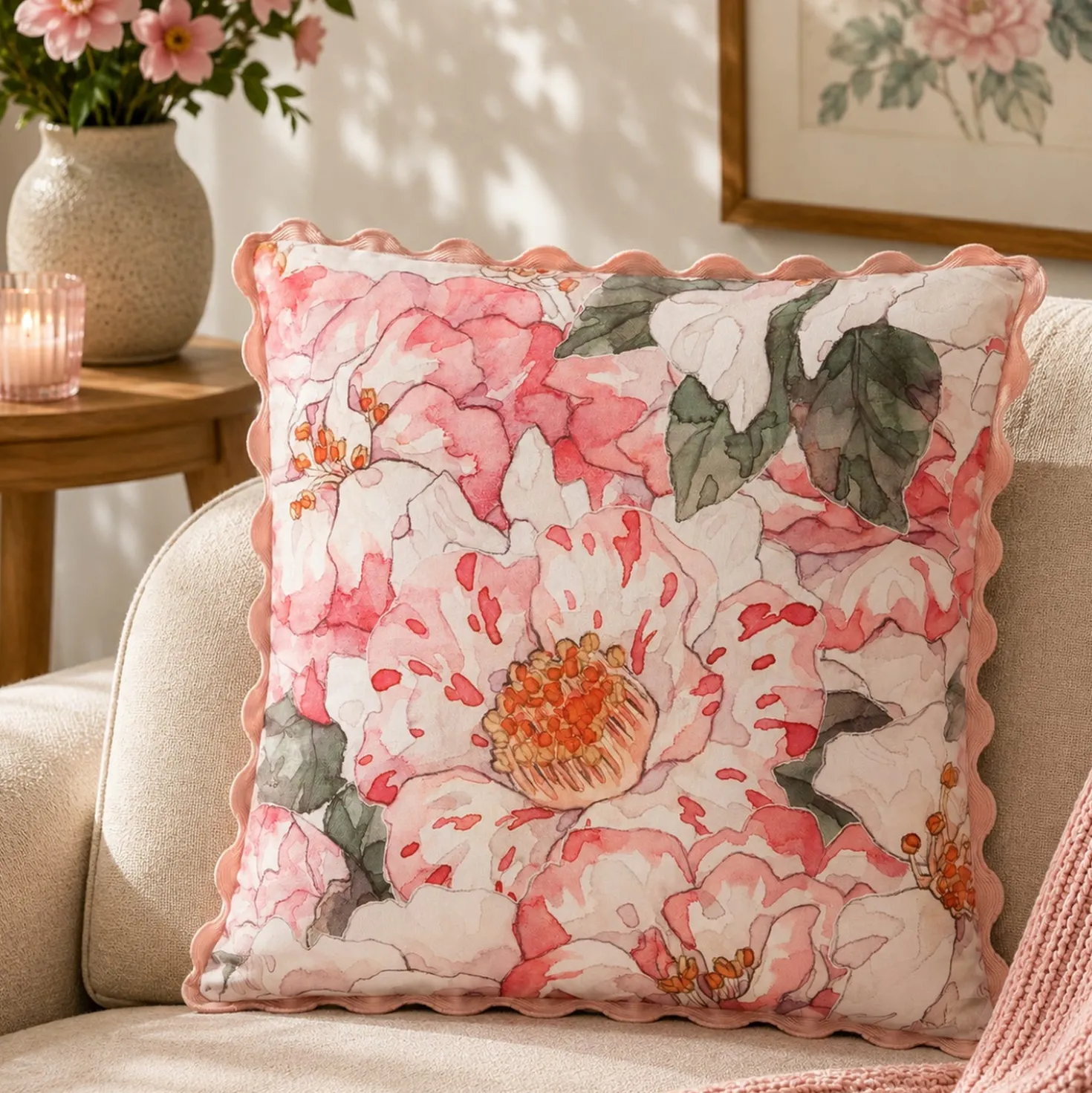 Cuscino divano 45x45 cm fiore rosa